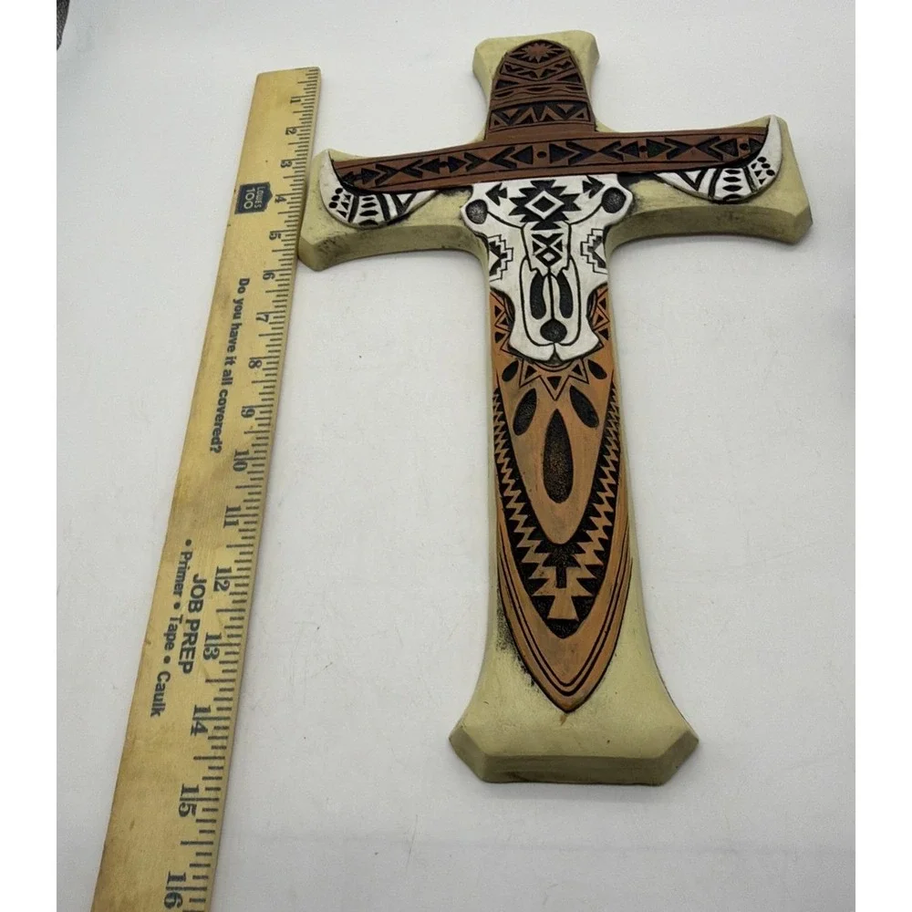 Southwestern Tiki Tribal Tattoo Cowboy Hat Bull Cow Skull Wall Cross Plaque